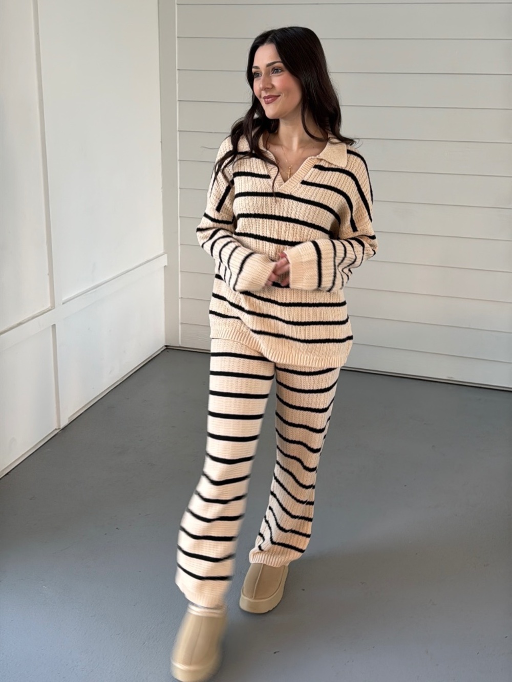 Cream Black Striped Knit Sweater Lounge Set Size Small WORN ONCE!
